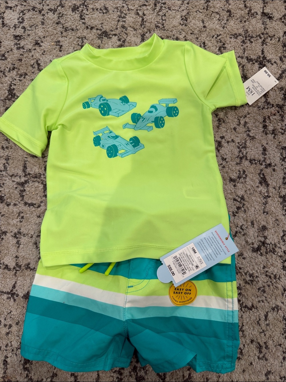 Cat and Jack-Neon Lime Race Car Rash Guard Set - Kids Swim